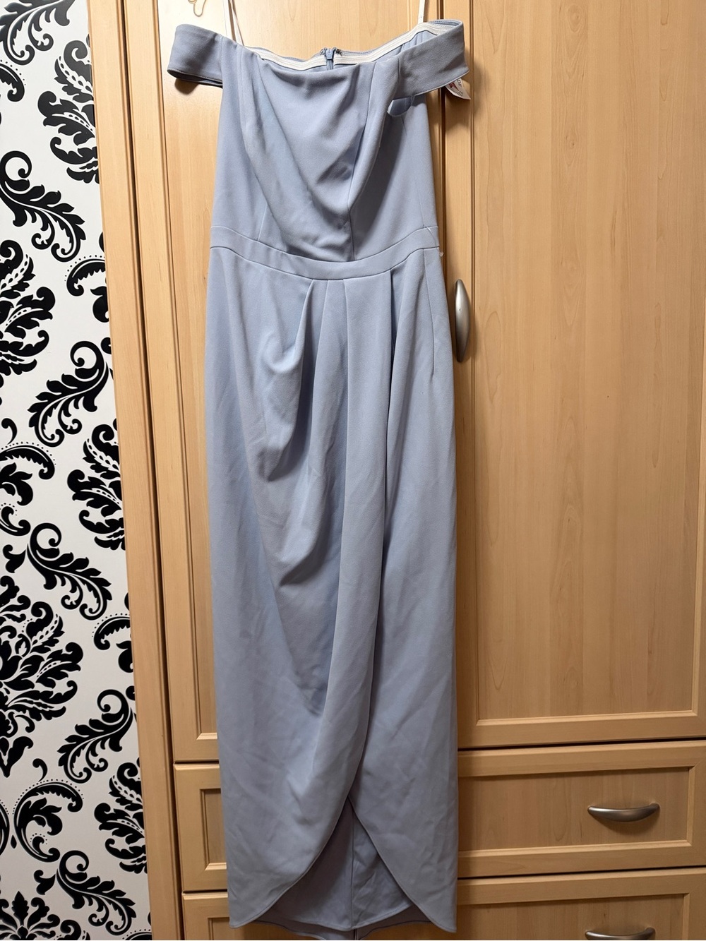 Xscape Pale Blue Off-Shoulder Draped Dress